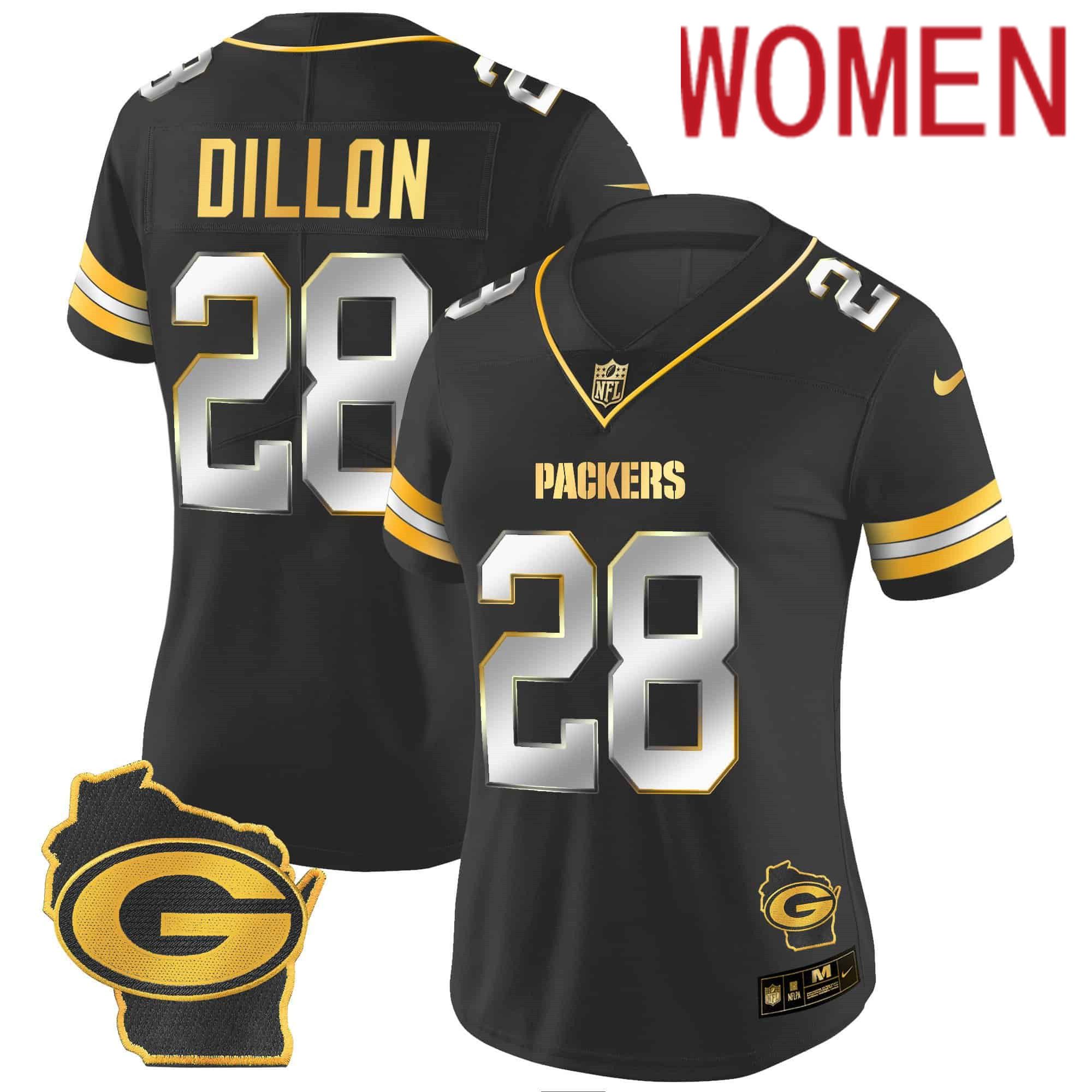 Women Green Bay Packers #28 Dillon Black Gold 2024 Nike Home Patch Vapor NFL Jersey style 1